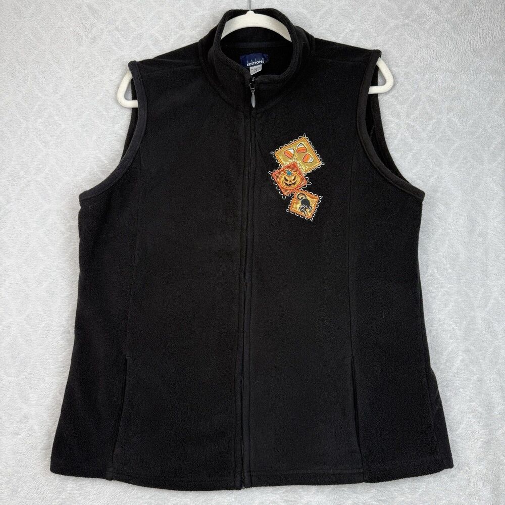 Basic Edt Halloween Fleece Vest Womens L Pumpkin Black Cat Candy Corn 90s Fall
